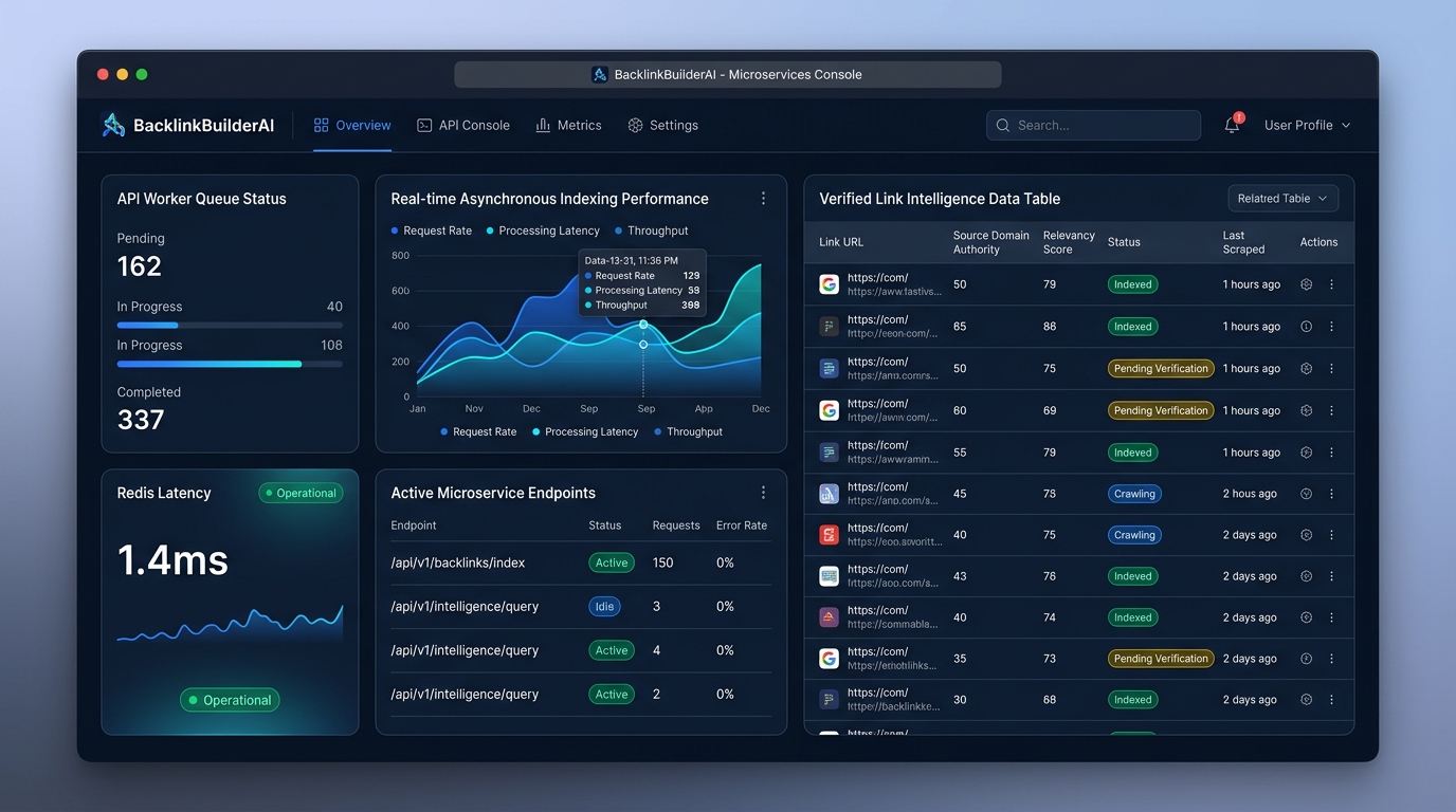 BacklinkBuilderAI Microservices Console with Worker Queue Metrics
