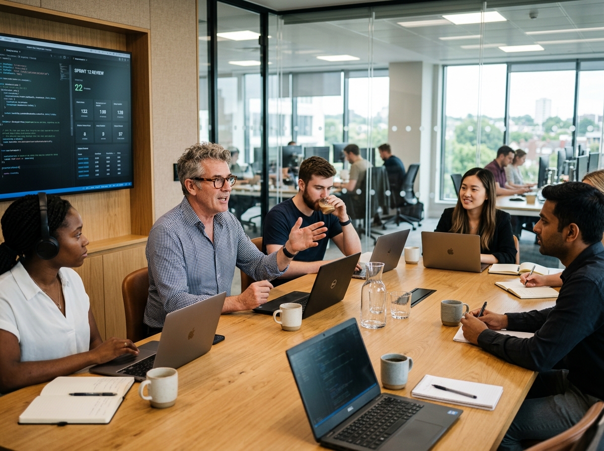 Senior software engineer leading sprint 12 review of custom REST API webhooks