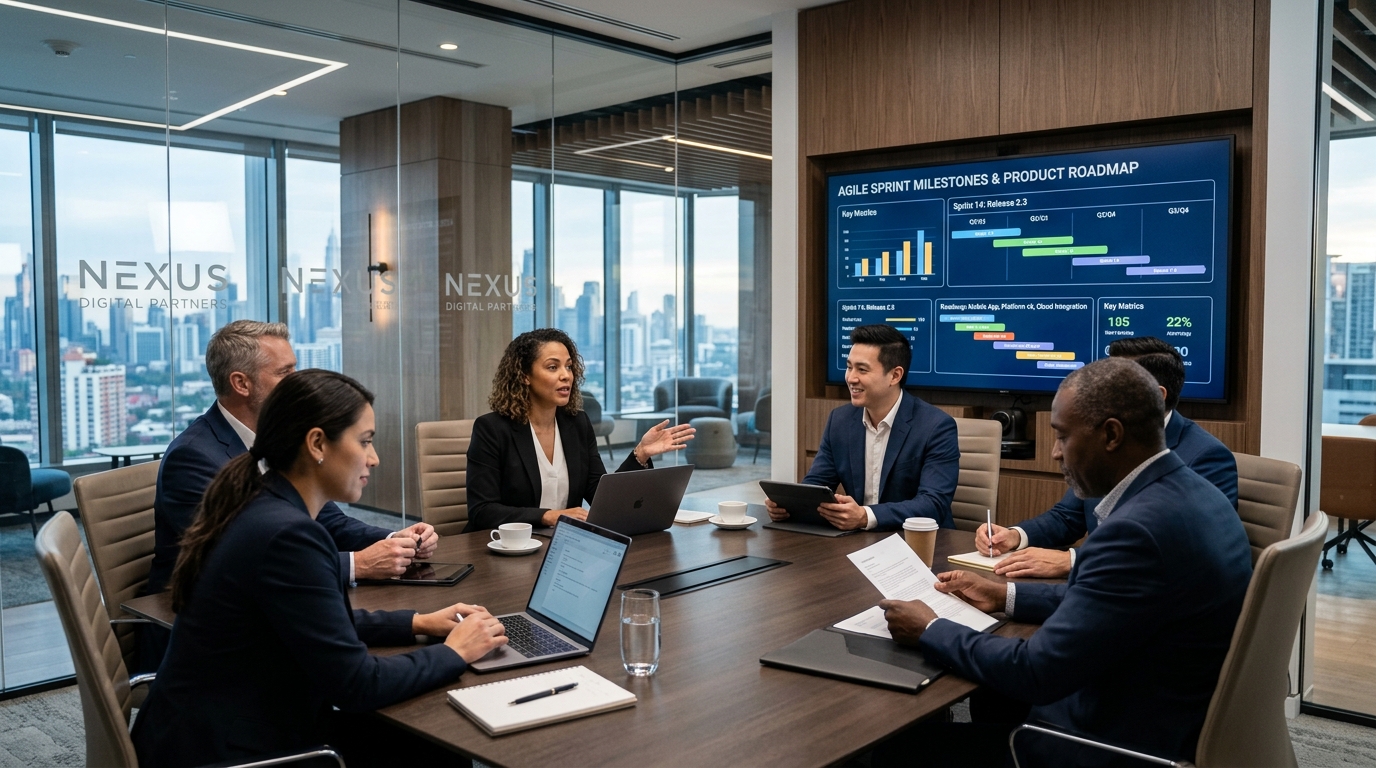 Agency partners in boardroom reviewing sprint roadmap and dedicated talent velocity