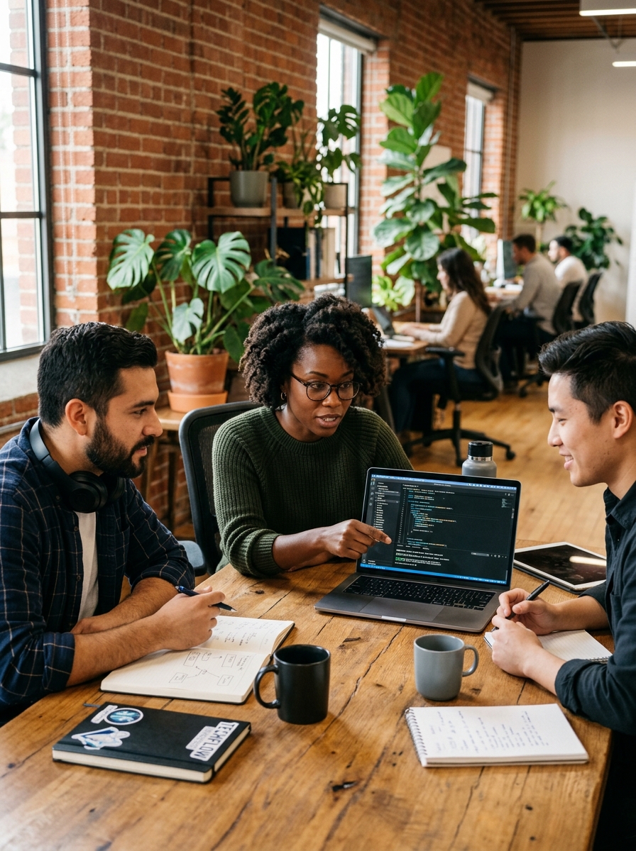 Diverse engineering team in sprint review optimizing WooCommerce database queries